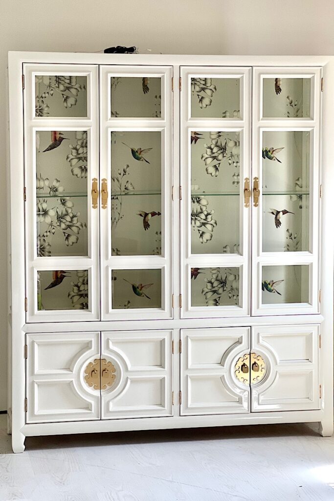 Chinoiserie China cabinet in Ben Moore White Dove 