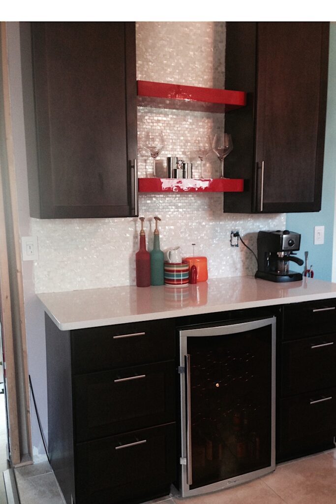 Coffee/wine nook with mother of pearl tile