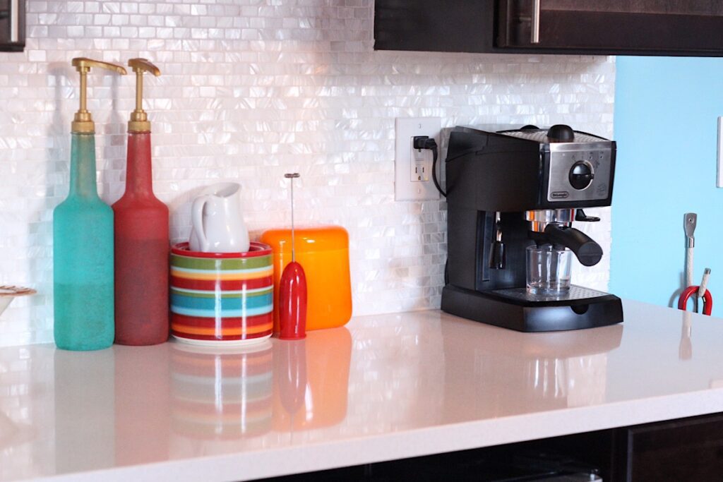 Coffee bar backsplash with Mother of pearl tile