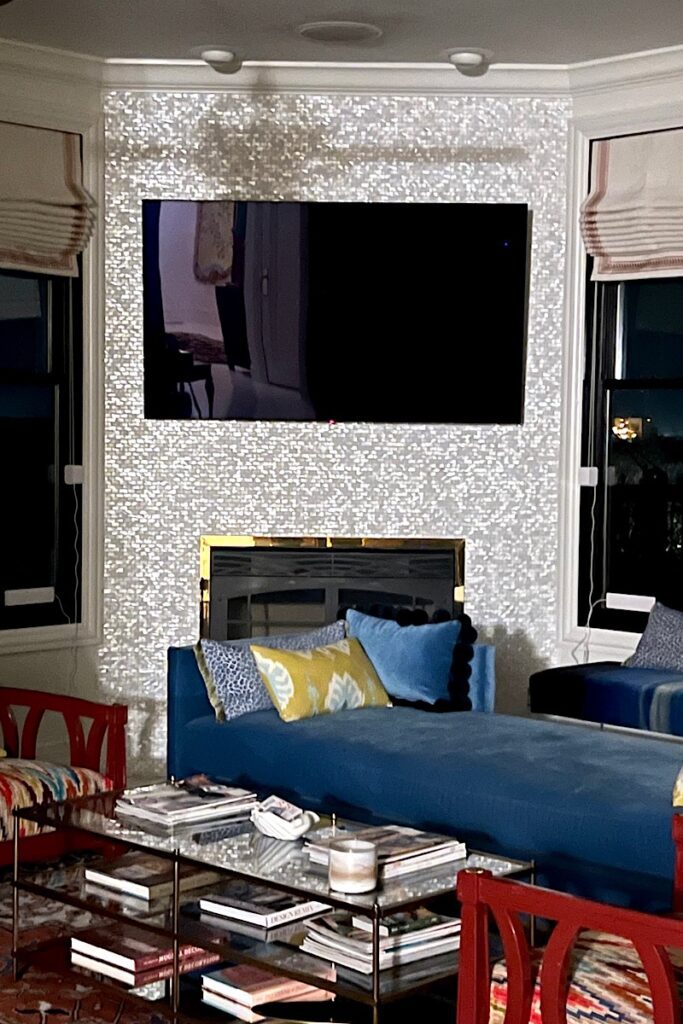 Mother of pearl fireplace with TV