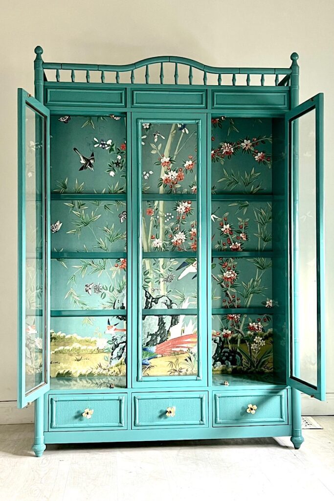 Thomasville faux bamboo china cabinet in teal 