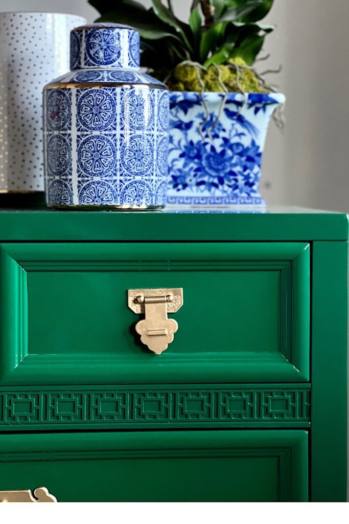 Chinoiserie hardware on shangri-la dresser 