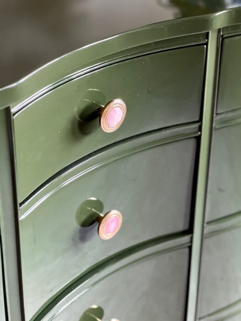 Closer view of olive green dresser