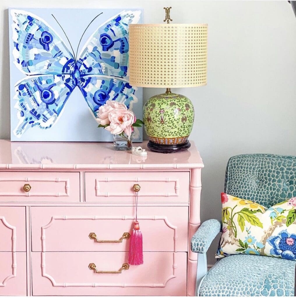 Faux bamboo dresser in blush pink