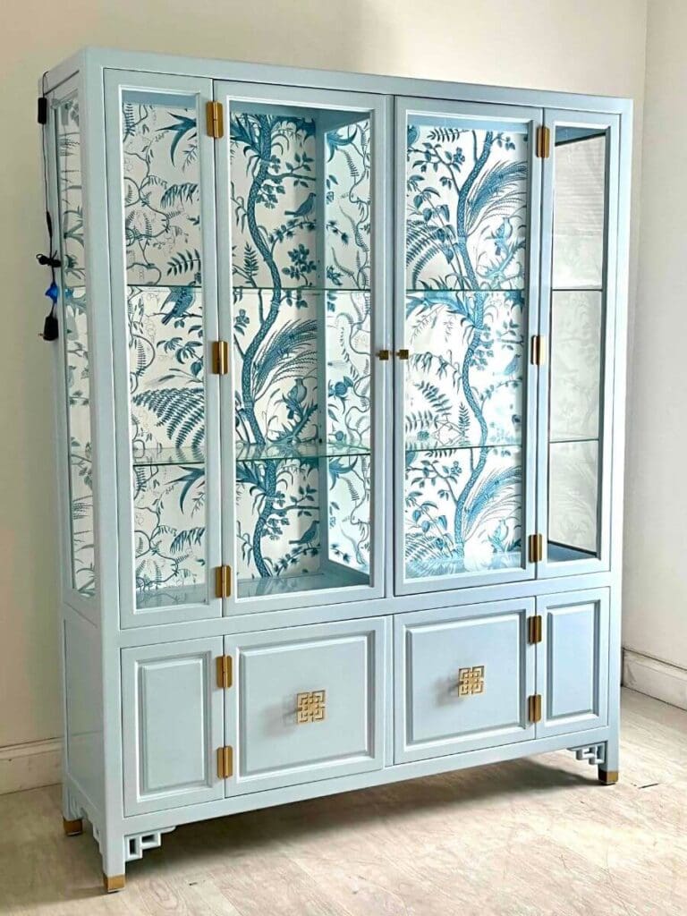 chinoiserie china cabinet with Brunshwig & Fils paper
